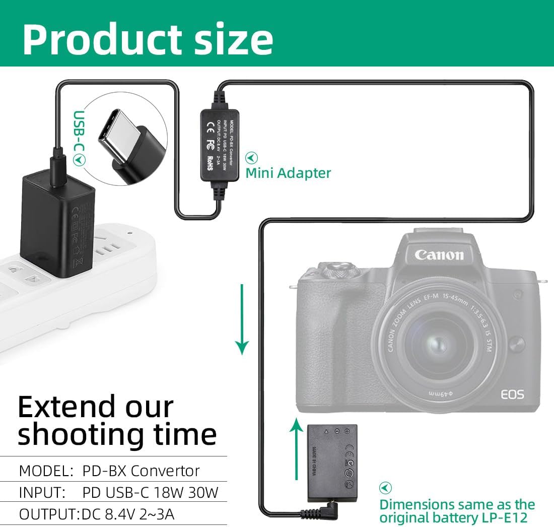 Adaptador de Corriente RONFEN DR-E12 Dummy Battery LP-E12 USB-C PD para Cámaras Canon EOS M - Image 3