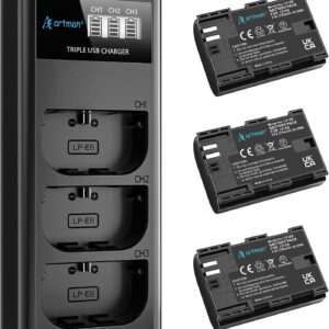 Kit 3 Baterías LP-E6 / LP-E6N 2750mAh + Cargador LCD 3 Ranuras para cámaras Canon EOS R y DSLR