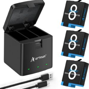 Kit 3 Baterías 1500mAh para GoPro Hero 8/7/6/5 + Cargador LED USB de 3 Canales